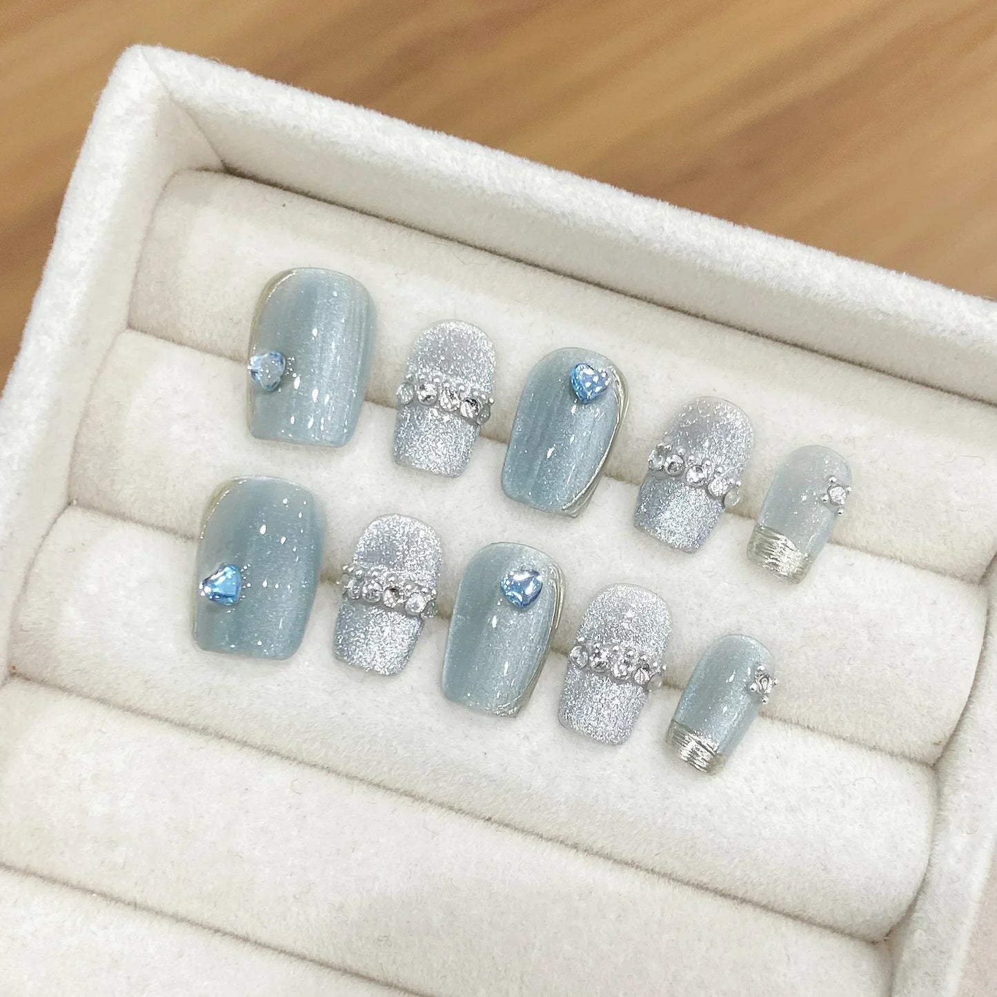 10PCS Pink Cat Eye Handmade Press On Nails Square Head Fake Nails Diamond Designs Full Cover Nail Art Tips Wearable False Nails