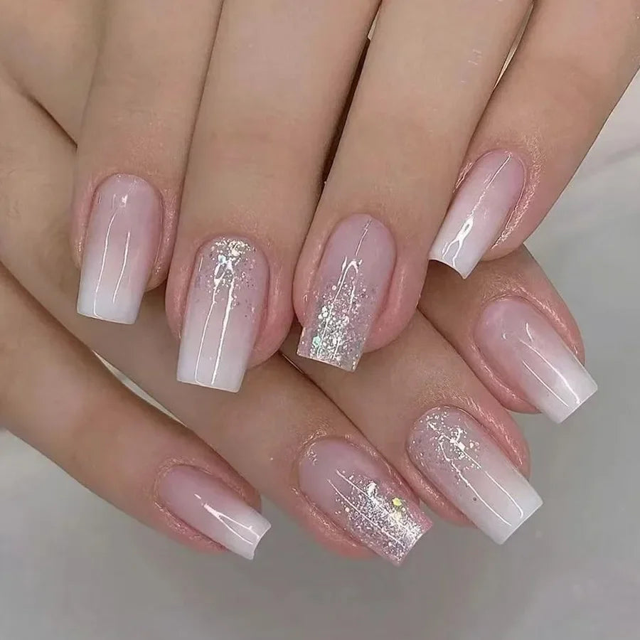 24Pcs Short Square Press on Nails Gradient Glitter False Nails French Tip Lines Acrylic Nails Full Cover Wearable Fake Nail Tips