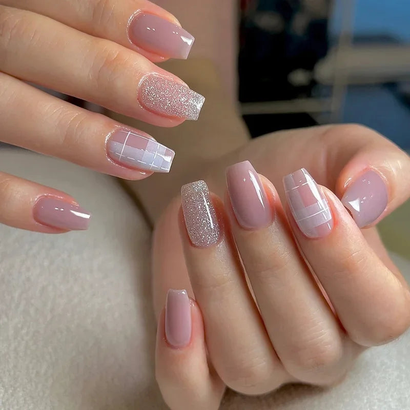 24Pcs Short Square Press on Nails Gradient Glitter False Nails French Tip Lines Acrylic Nails Full Cover Wearable Fake Nail Tips