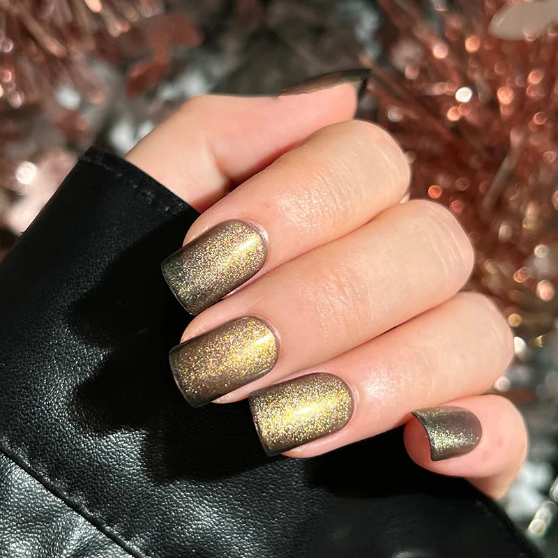 24Pcs Removable Wearable False Nails Art Short Glitter French Gold Edge Fake Nails Waterproof Press on Nail Tips Nails Supplies
