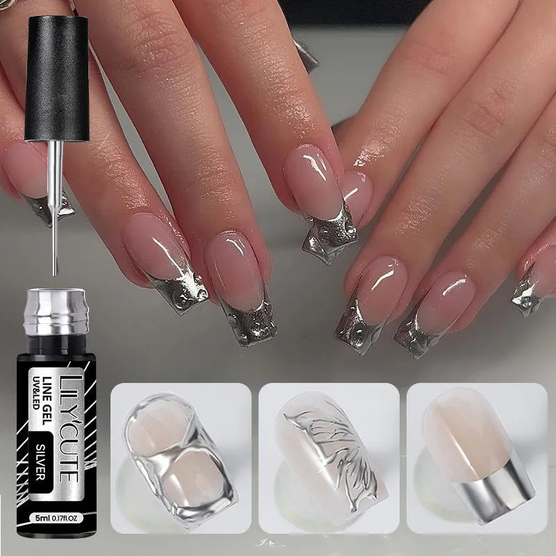 LILYCUTE 5ml Gold Sliver Metallic Liner Gel Nail Polish French Style Super Bright Mirror Pull Line Graffiti Painting Stripe Gel
