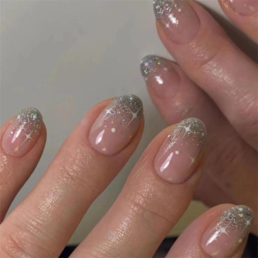 24Pcs White Ice Camellia Short False Nails Art Light Pink Sweet Girls Acrylic Press on Nails Full Cover Removable Fake Nail Set