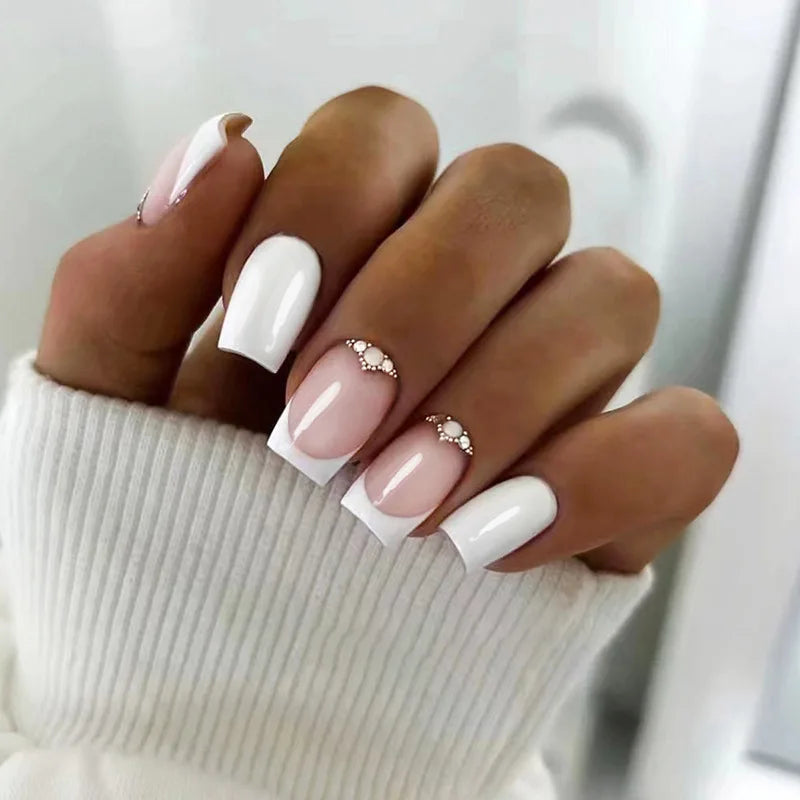 24Pcs White Ice Camellia Short False Nails Art Light Pink Sweet Girls Acrylic Press on Nails Full Cover Removable Fake Nail Set