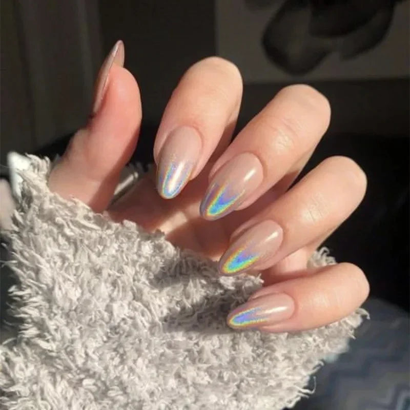 24Pcs French Gold Edge Wearable Almond Press on Fake Nails Simple Pearl Decoration False Nails with Glue Full Over Manicure Tips
