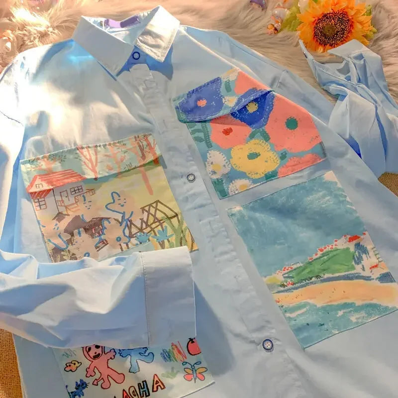 Yellow Oil Painting Print Shirts Women Spring Autumn Thin Loose Button Up Blouses Long Sleeved Oversize Shirt for Teenage Girls