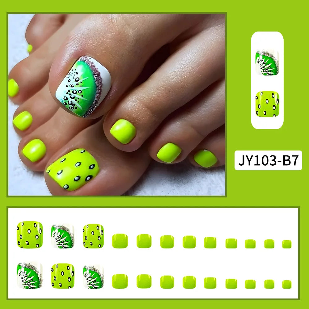 24 Pcs French Design Fake Toe Nail Press on Toe Nail Summer False Nails Acrylic Reusable Toe Nail Decorated Nails With Tool Kit