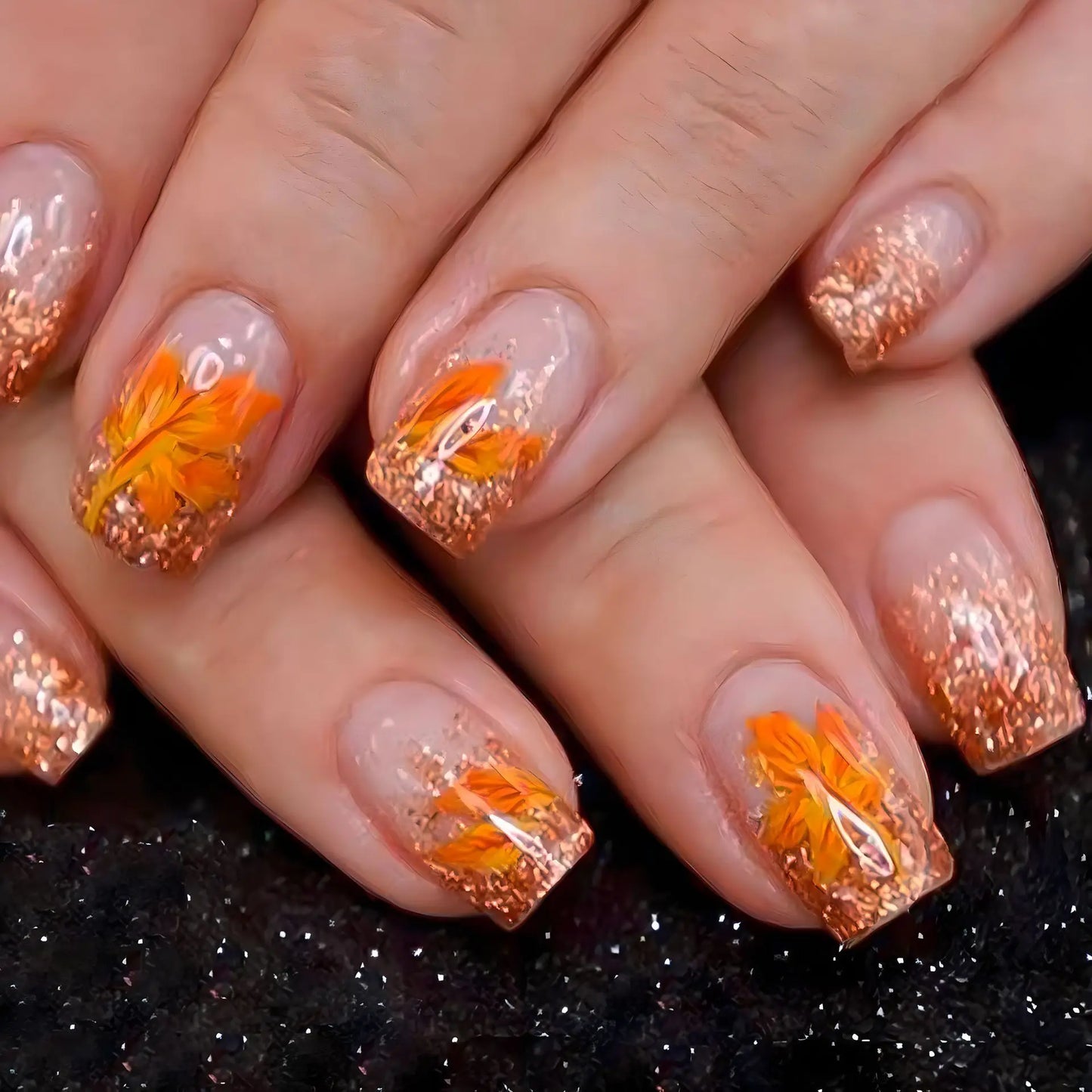 24pcs Autumn Maple Leaves Press on Nails Thanksgiving Day Gifts Fake Nail Patch Wearable Short Square Shiny False Nail Tips