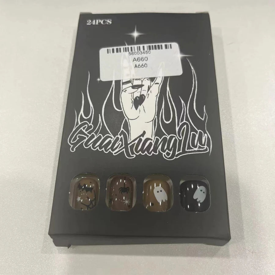 24Pcs/set Black Halloween Press on Nails Pumpkin Ghost Cat Design Short Square Fake Nails Full Cover Acrylic Nail Tips for Women