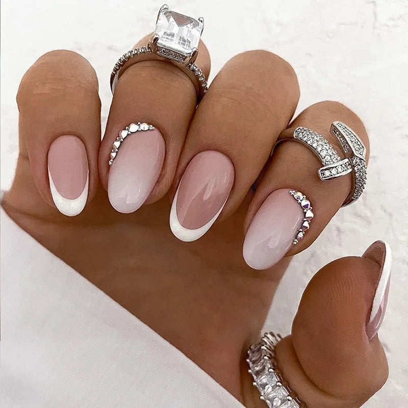 24Pcs White Ice Camellia Short False Nails Art Light Pink Sweet Girls Acrylic Press on Nails Full Cover Removable Fake Nail Set