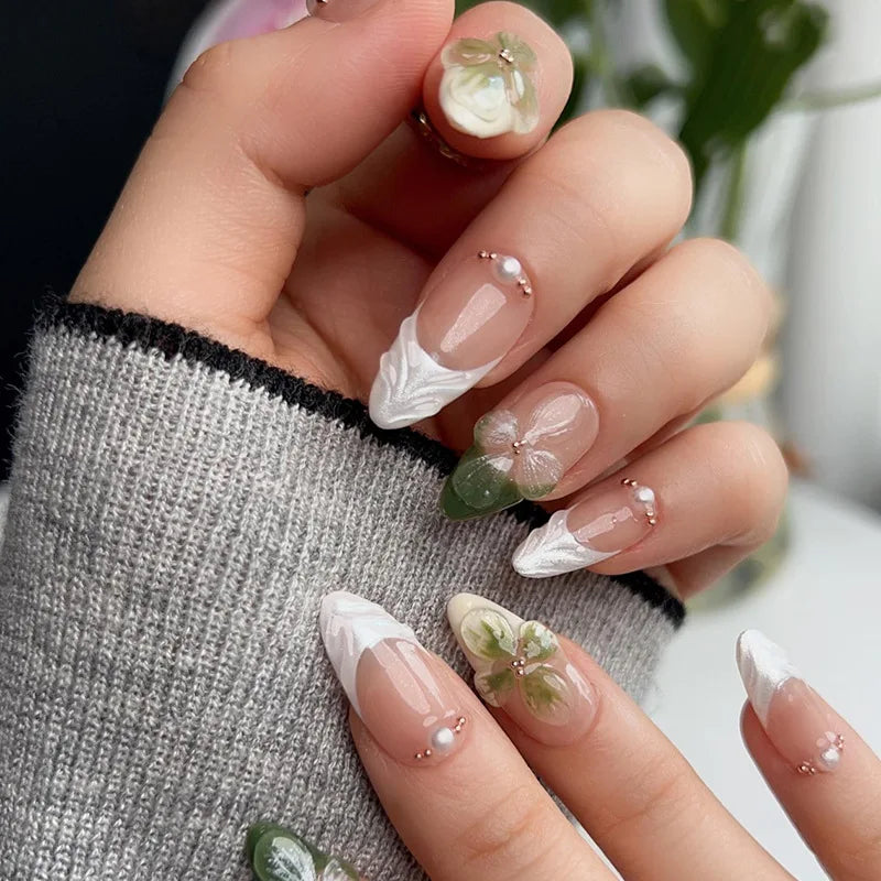 24Pcs Simple French Fake Nails with Almond Head Design Detachable 3D Irregular Star Pattern Press on False Nails Manicure Tools