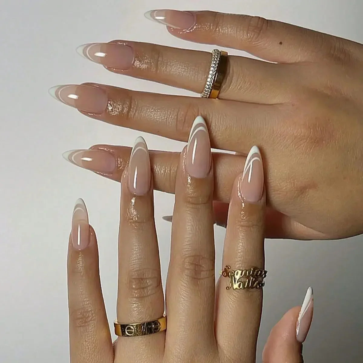 24Pcs French Gold Edge Wearable Almond Press on Fake Nails Simple Pearl Decoration False Nails with Glue Full Over Manicure Tips