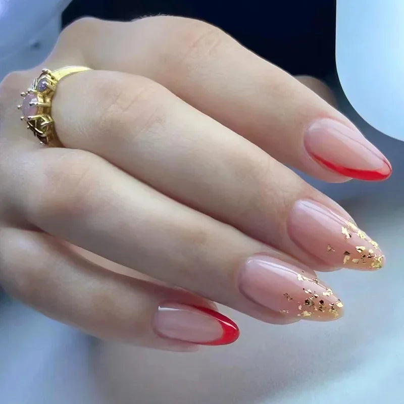 24Pcs French Gold Edge Wearable Almond Press on Fake Nails Simple Pearl Decoration False Nails with Glue Full Over Manicure Tips
