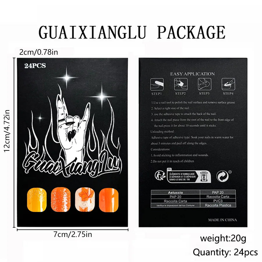 24pcs Autumn&Winter Press-On Nails Set-Glossy Short Oval Golden Brown&Fire Red Maple Leaf Design Full Cover Fake Nails For Women