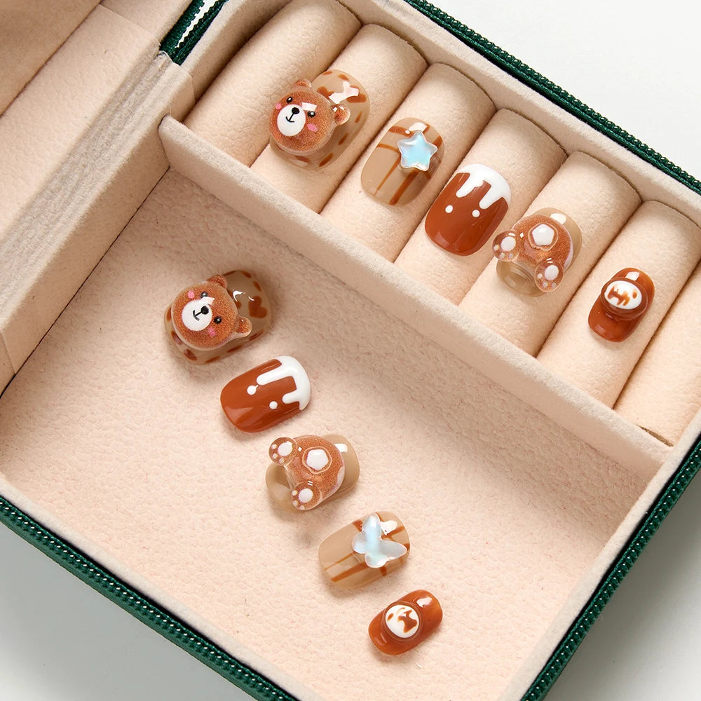 10Pcs Brown Handmade Press on Nails Short Square Chocolate Bear Design Nail Tips Cute Acrylic False Nail for Women/Girls Autumn