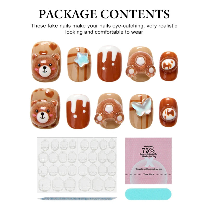 10Pcs Brown Handmade Press on Nails Short Square Chocolate Bear Design Nail Tips Cute Acrylic False Nail for Women/Girls Autumn