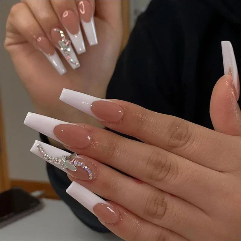 24Pcs Medium Long Acrylic Fake Nails Art Cool Spice Girls Wearing False Nails Set Press on Nail Tips Removable French Nails Fake