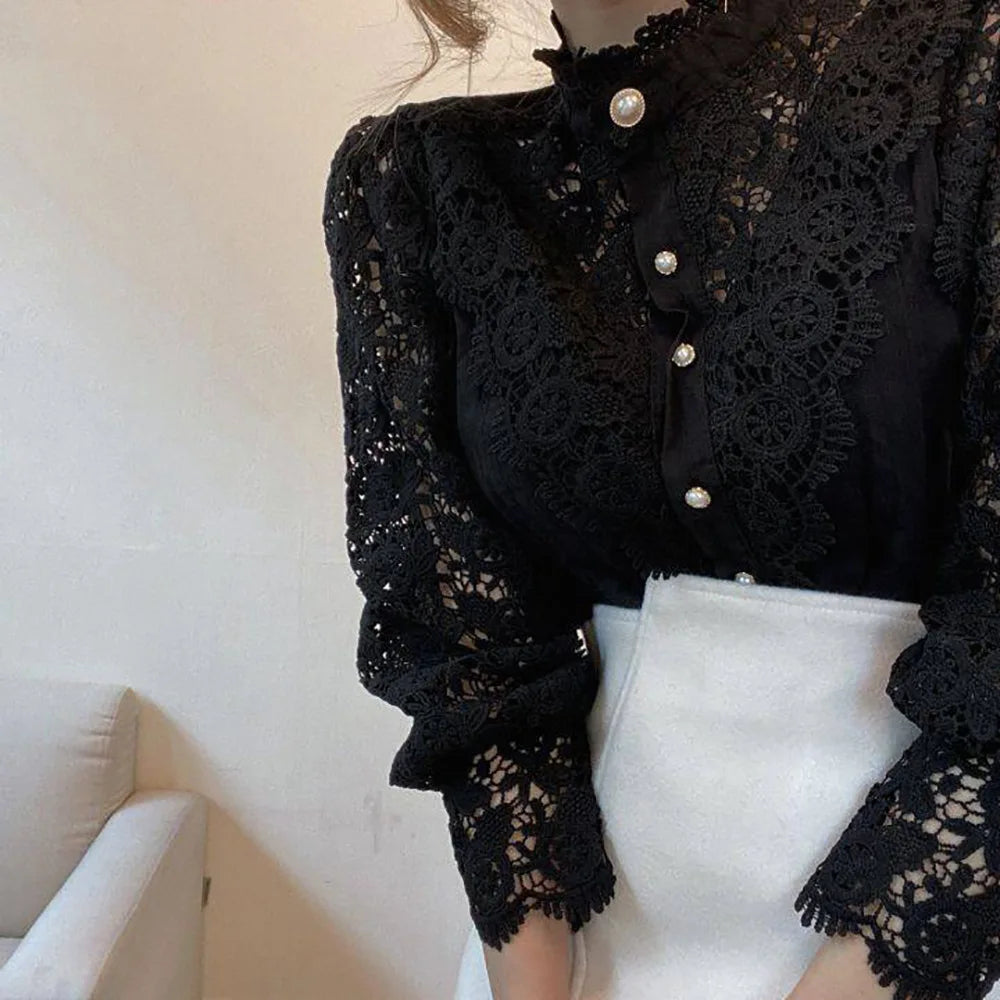 Autumn Elegant Lace Office Shirt Women's Blouse Long Sleeve Button Up Blouses Tops 2023 Spring Fashion Casual Ladies Shirts Top
