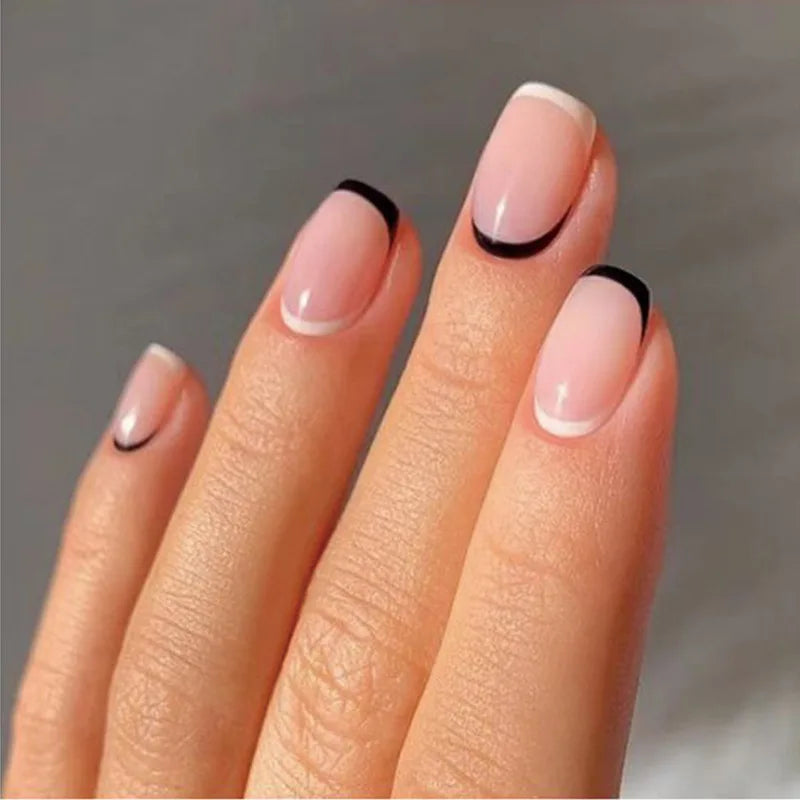 24Pcs Removable Wearable False Nails Art Short Glitter French Gold Edge Fake Nails Waterproof Press on Nail Tips Nails Supplies
