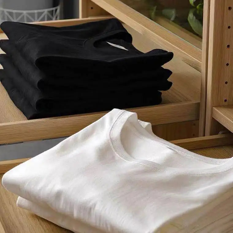 2pcs Solid Color T-shirt 100% Cotton Men Women White O-Neck Loose Short-sleeved Basic Models All-match T-shirt Couple Tops Black