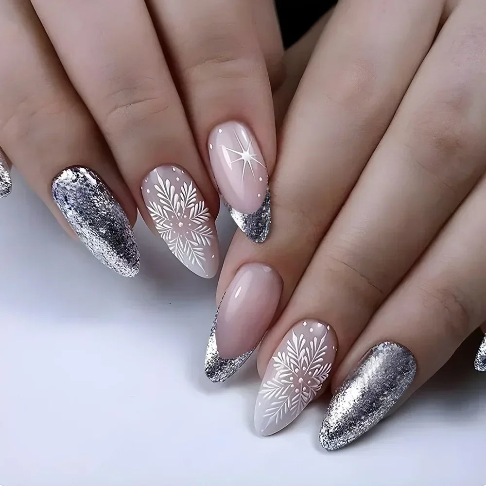 24Pcs French Gold Edge Wearable Almond Press on Fake Nails Simple Pearl Decoration False Nails with Glue Full Over Manicure Tips