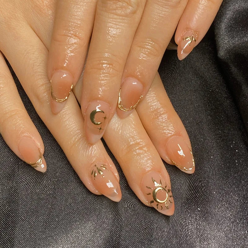 24Pcs Simple French Fake Nails with Almond Head Design Detachable 3D Irregular Star Pattern Press on False Nails Manicure Tools
