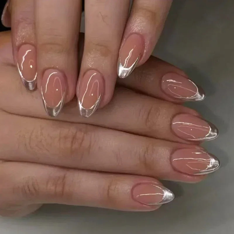 24Pcs French Gold Edge Wearable Almond Press on Fake Nails Simple Pearl Decoration False Nails with Glue Full Over Manicure Tips