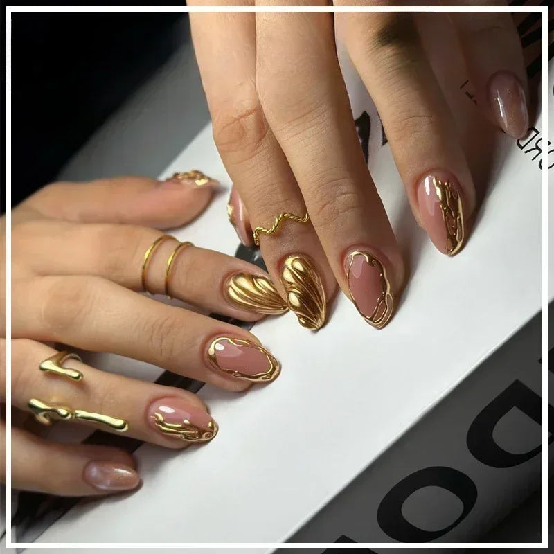 24Pcs French Gold Edge Wearable Almond Press on Fake Nails Simple Pearl Decoration False Nails with Glue Full Over Manicure Tips