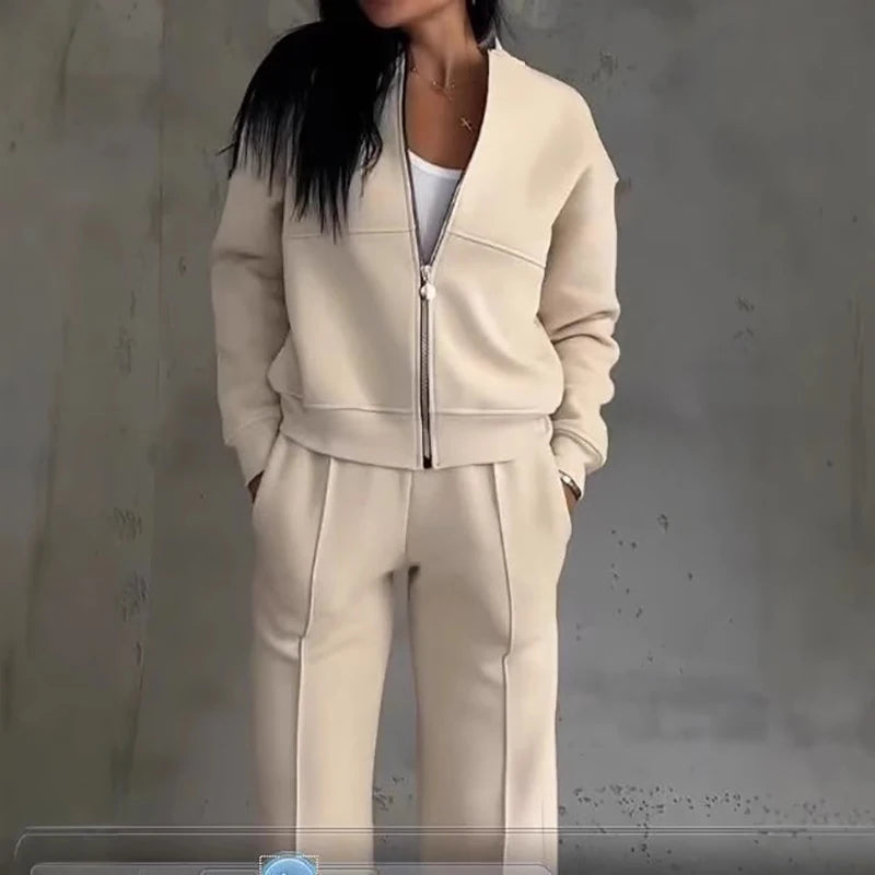 Women's Autumn Solid Color Sportwear Tracksuit Casual Zipper Sweatshirt Coat and Straight Pant Sets Winter Long Sleeve 2pcs Suit