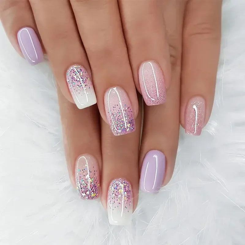 24Pcs Short Square Press on Nails Gradient Glitter False Nails French Tip Lines Acrylic Nails Full Cover Wearable Fake Nail Tips