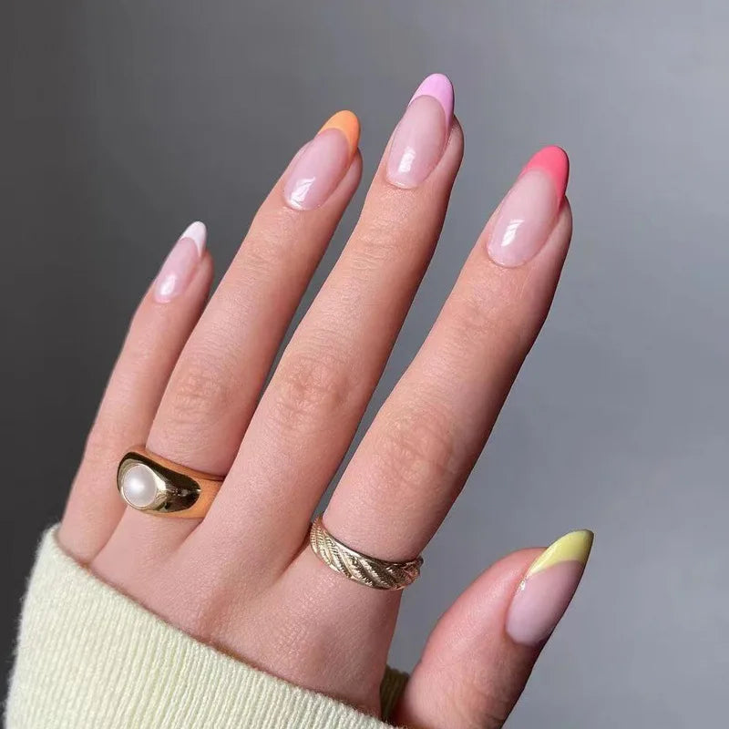 24Pcs Removable Wearable False Nails Art Short Glitter French Gold Edge Fake Nails Waterproof Press on Nail Tips Nails Supplies