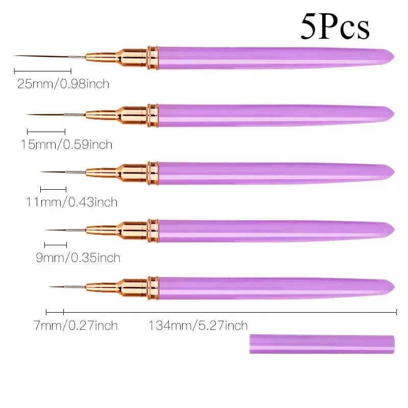 5Pcs/Set Nail Art Liner Brushes Set Elongated Lines Striping Drawing UV Gel Painting Nail Design Pen Professional Manicure Tool