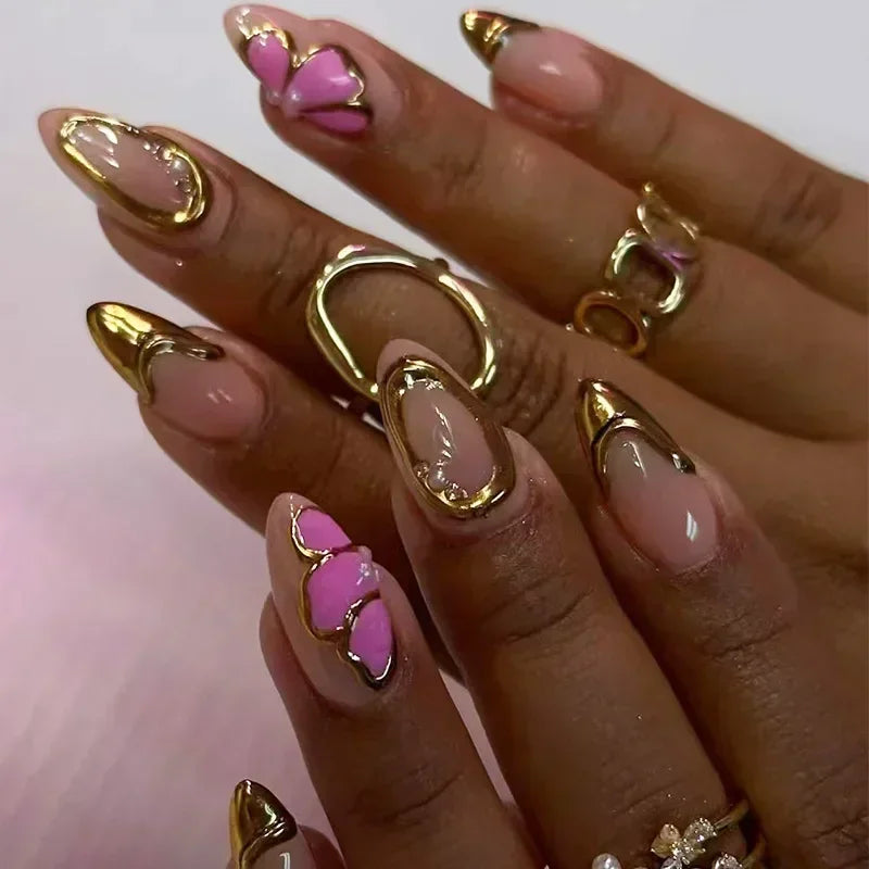 24Pcs French Gold Edge Wearable Almond Press on Fake Nails Simple Pearl Decoration False Nails with Glue Full Over Manicure Tips