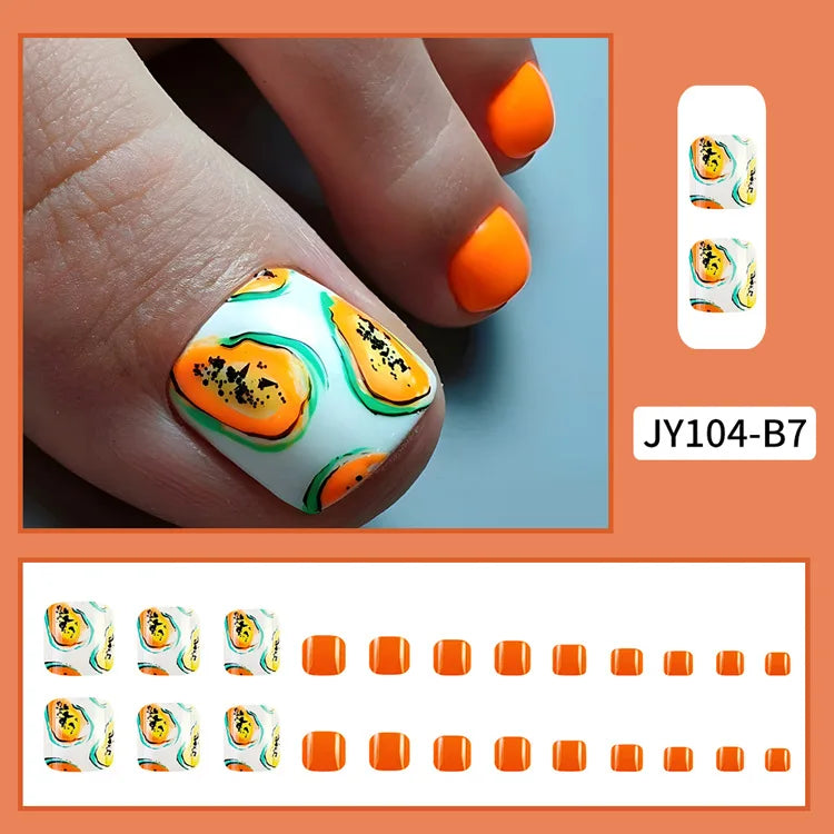 24 Pcs French Design Fake Toe Nail Press on Toe Nail Summer False Nails Acrylic Reusable Toe Nail Decorated Nails With Tool Kit