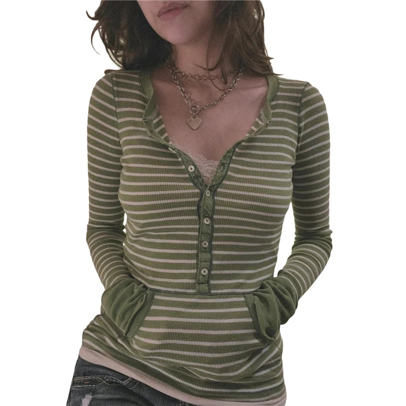 Y2K Grunge Emo 00s Vintage T Shirt Black Grey Striped V Neck Long Sleeve Jumper Tops Chic Women Autumn Retro Mall Goth Tees
