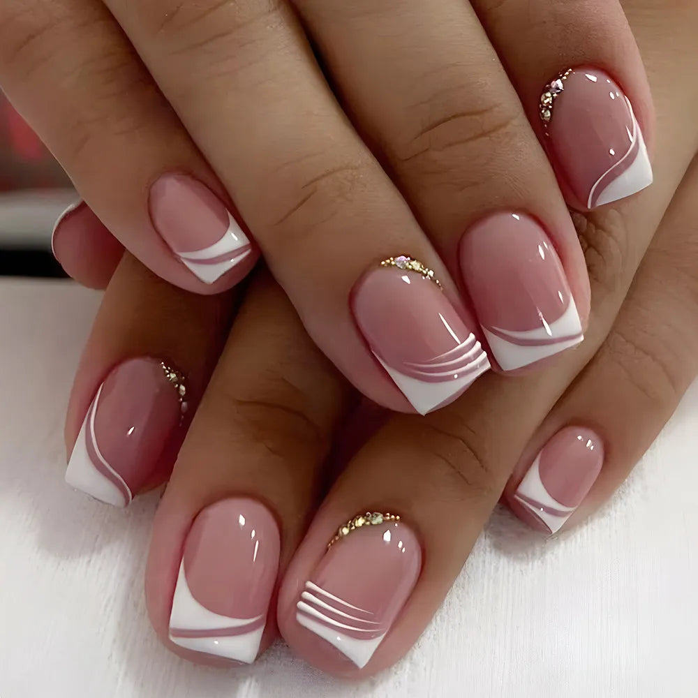 24pcsFalseNailFullCoverFakeNailElegantPinkGradientGlitterFrenchShortNailsCoffinShortFalseNailPressOnNails