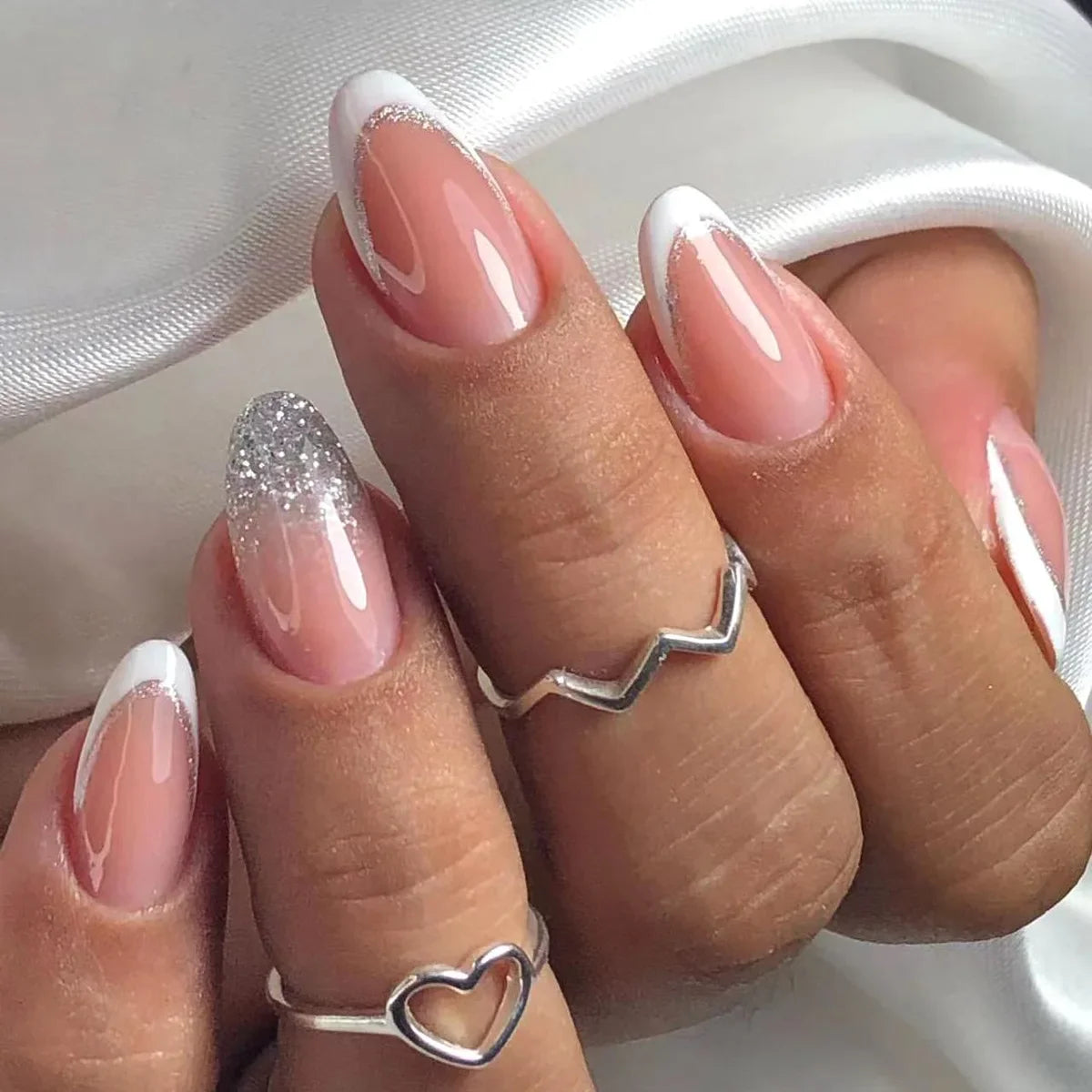 24Pcs Medium Long Acrylic Fake Nails Art Cool Spice Girls Wearing False Nails Set Press on Nail Tips Removable French Nails Fake
