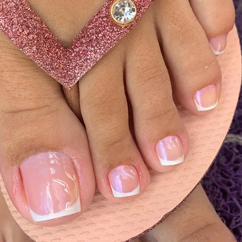 24Pcs False Toes Nails French Square Nude Color Nature Fake Toe Nails Feet Nail Tips Artificial Press On Toenails for Women 2025