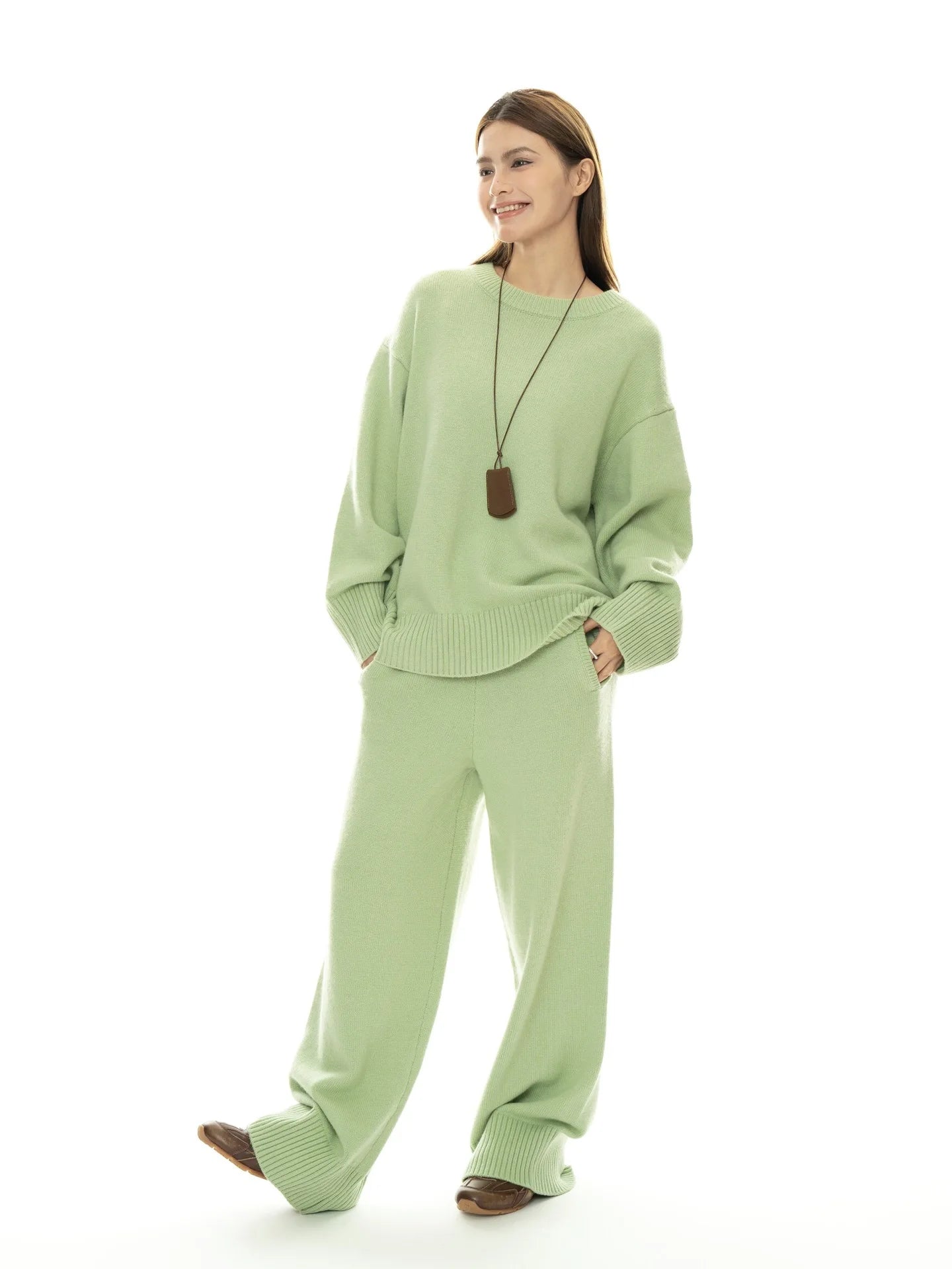 Women wool set loose soft style knited sweater and pants