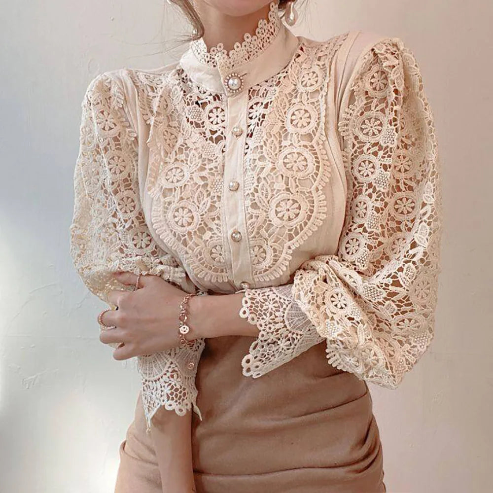 Autumn Elegant Lace Office Shirt Women's Blouse Long Sleeve Button Up Blouses Tops 2023 Spring Fashion Casual Ladies Shirts Top