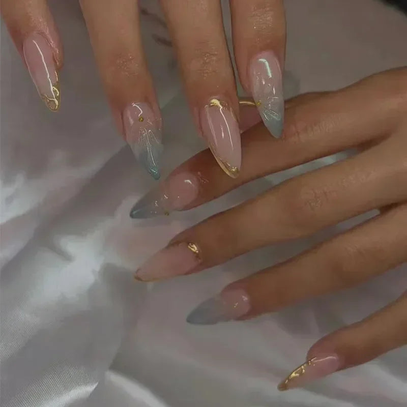 24Pcs French Gold Edge Wearable Almond Press on Fake Nails Simple Pearl Decoration False Nails with Glue Full Over Manicure Tips
