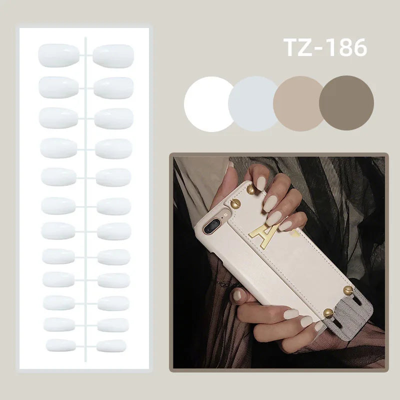 24Pcs French Gold Edge Wearable Almond Press on Fake Nails Simple Pearl Decoration False Nails with Glue Full Over Manicure Tips