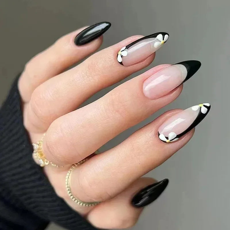 24Pcs French Gold Edge Wearable Almond Press on Fake Nails Simple Pearl Decoration False Nails with Glue Full Over Manicure Tips