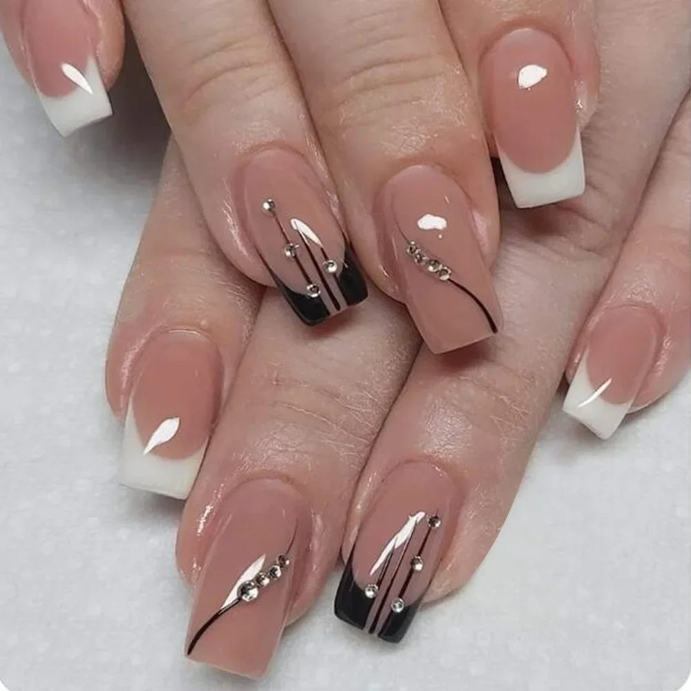 24PCS Shiny Pearl Wearable False Nails Short Square Fake Nail Simple Press on Nails Detachable Full Cover Nail Tips With Glue