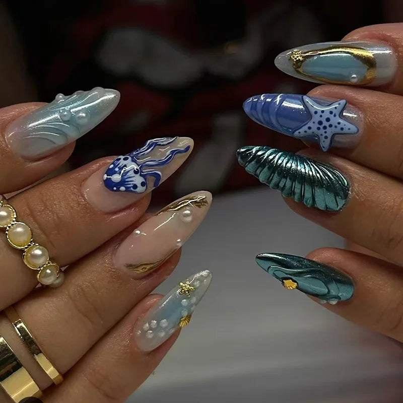 24Pcs Simple French Fake Nails with Almond Head Design Detachable 3D Irregular Star Pattern Press on False Nails Manicure Tools