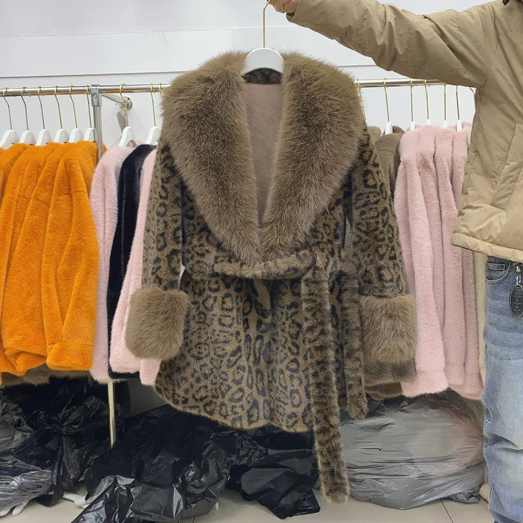 Winter women faux fur coat fake fur coat mink fur jacket with belt