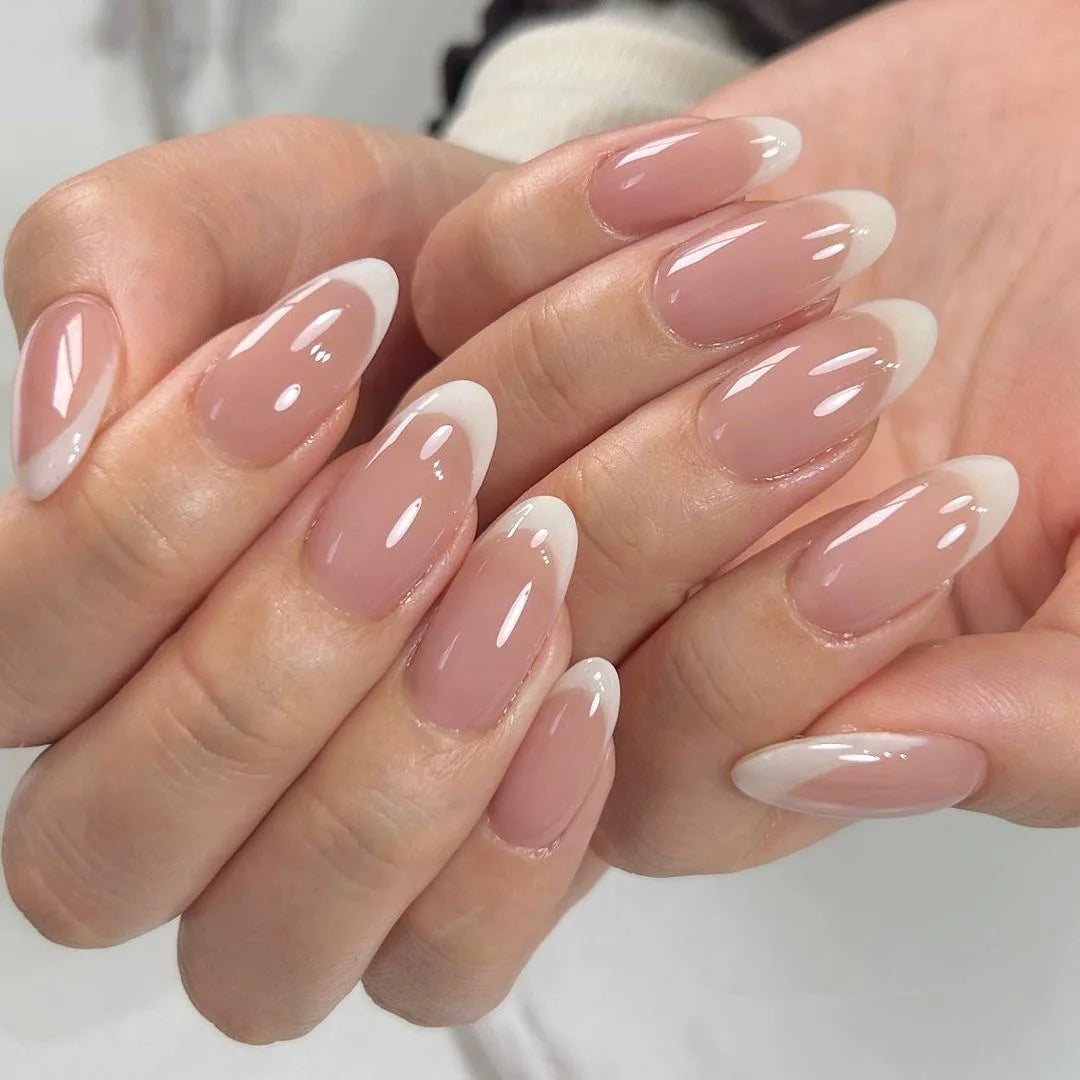 24pcs French Simple Fake Nails Ins White Edge Nude Color False Nail Tips Almond Stick on Nail Patch for Girl Lady Manicure Tools