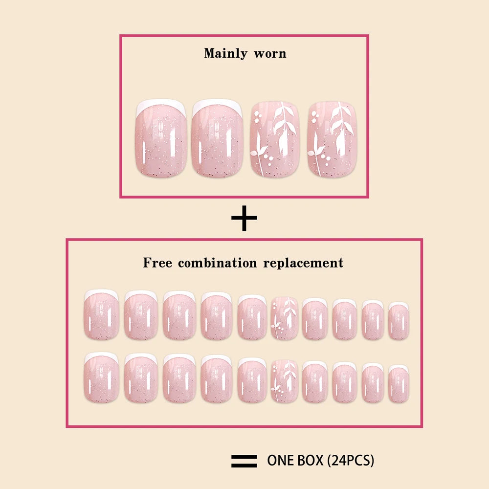 24Pcs/Set Short Size French Simplicity Glitter Pink Leaf Girls Women Full Coverage Wearable Fake Nails