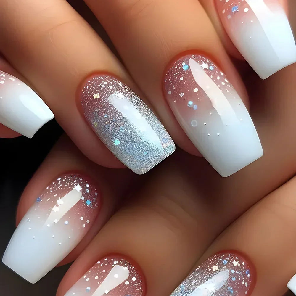 24Pcs Short Square Press on Nails Gradient Glitter False Nails French Tip Lines Acrylic Nails Full Cover Wearable Fake Nail Tips