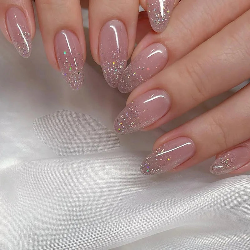 24Pcs Removable Wearable False Nails Art Short Glitter French Gold Edge Fake Nails Waterproof Press on Nail Tips Nails Supplies