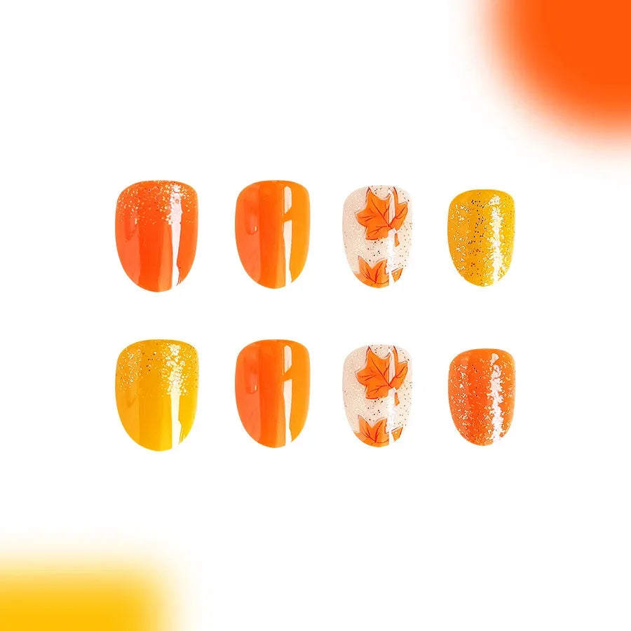 24pcs Autumn&Winter Press-On Nails Set-Glossy Short Oval Golden Brown&Fire Red Maple Leaf Design Full Cover Fake Nails For Women